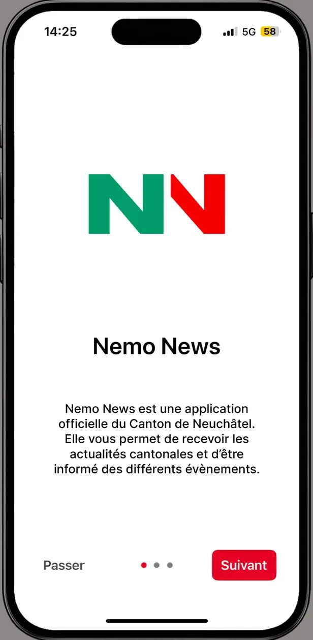 The Nemo News welcome screen, presenting it as an official app of the canton of Neuchâtel