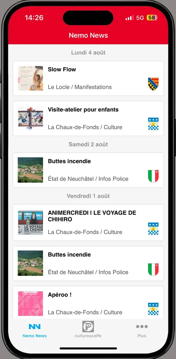 The Nemo News feed, each item carrying its publishing institution and its municipality's coat of arms